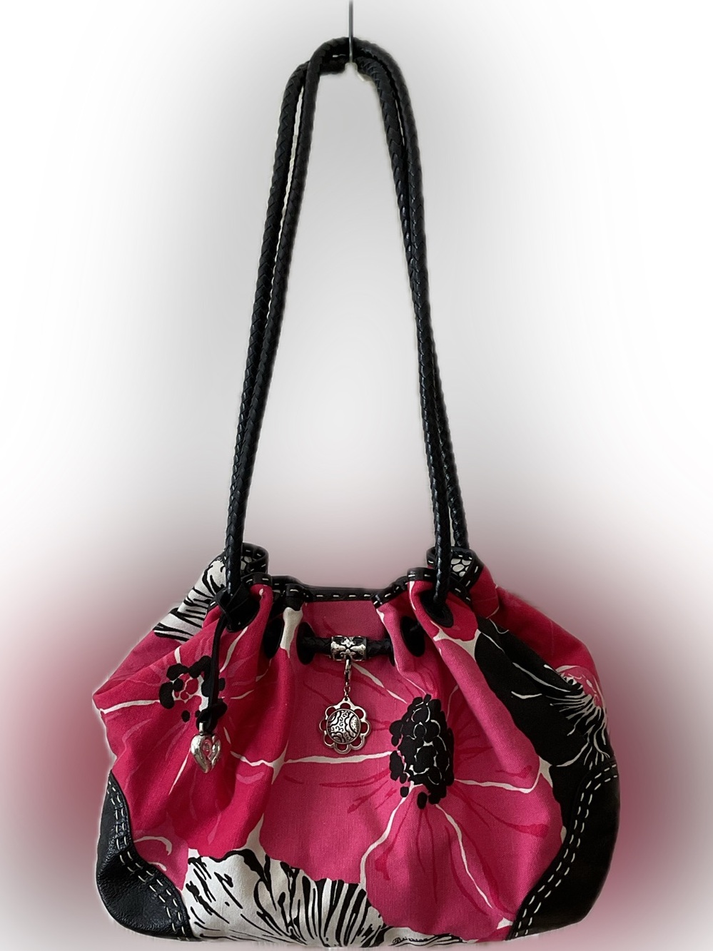 Brighton Pink Floral Drawstring Shoulder Bag with Black Leather Trim